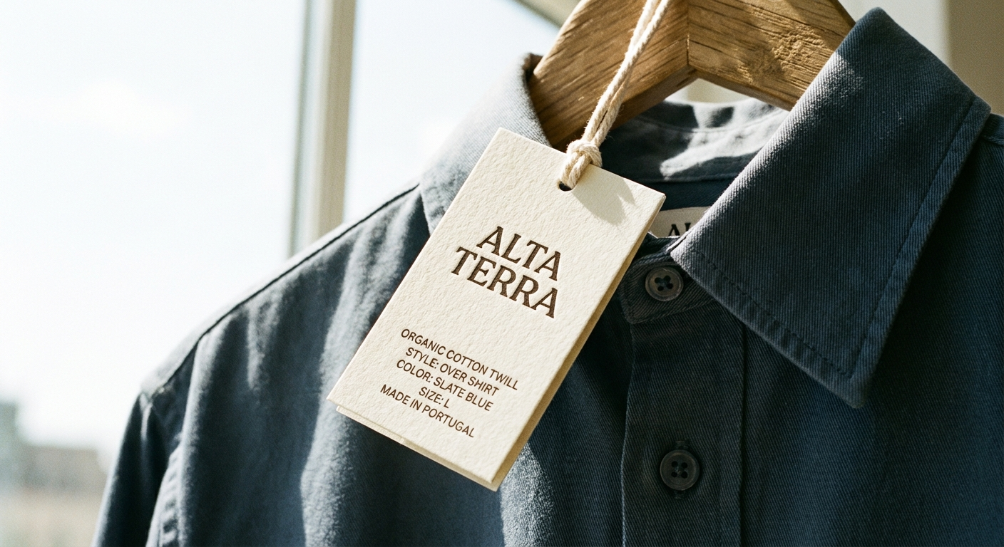 Custom branded hang tag attached to clothing garment in retail display
